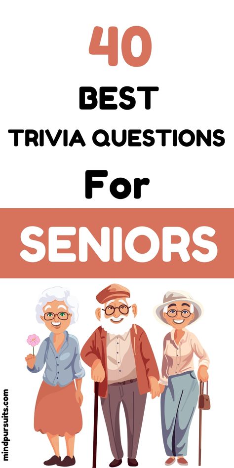 "Explore our list of 40 engaging trivia questions perfect for seniors! 🧠✨

 Boost your brain power and enjoy reminiscing with fun, historical, and pop culture questions. Perfect for game nights! 🎉 

Visit our blog for more senior-friendly trivia and activities. 🌐 Reminiscing Ideas For Seniors, Program Ideas For Seniors, Prom For Senior Citizens, Questions To Ask Seniors, Word Games For Seniors Free Printable, Senior Trivia Questions And Answers, Trivia For Seniors With Answers, Reminiscing Activities For Seniors, Senior Activities Ideas