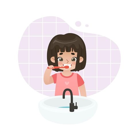 Vector cute baby girl brushing her teeth... | Premium Vector #Freepik #vector #brush-teeth #baby-tooth #kids-teeth #cute-cartoon Person Brushing Teeth Drawing, Kids Brushing Teeth, Hygiene Illustration, Teeth Illustration, Tooth Cartoon, Brush Teeth, Kids Teeth, Sikat Gigi, Tiny Steps