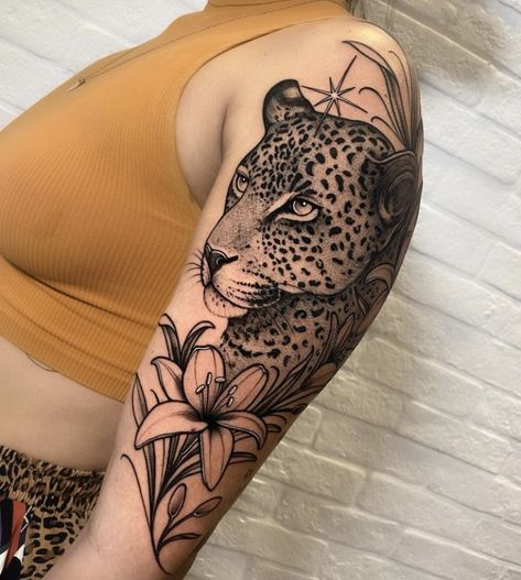 Leopard Tattoo, Shoulder Cap Tattoo, Jaguar Tattoo, Leopard Tattoos, Flame Tattoos, Leo Tattoos, Facial Tattoos, Floral Tattoo Sleeve, Flower Tattoo Sleeve