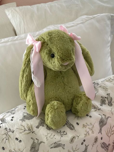 Green Bow Aesthetic, Cute Toys Aesthetic, Green Jellycat, Green Plushie, Pink Green Aesthetic, Pink And Green Aesthetic, Green Coquette, Green Bunny, Jelly Cat