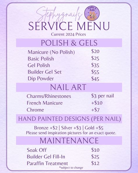 UPDATED Current Pricing! (AS OF MAY 2024) Your new home for nails 💜✨ DM to book! 💌 Consultations through dm can result in a price estimate for your chosen service as well💜 (included great customized music vibes/therapy session/girl chat and of course the COOLEST nails that every one will want to stop and stare) . . . #stephygnails #Nails #nailart #naildesigns #nailtrends #nailinspiration #nailinspo #nailideas #naturalnails #simplenailart #nailpolish #nailartist #nailsofinstagram #nailstagram ... Nails Home Service, Nail Pricing, Home Nail Salon Ideas, Coolest Nails, Island Nails, Hello Kitty Wallpaper Hd, Content Inspiration, G Nails, Home Nail Salon