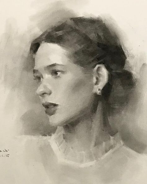 Lovely profile by huihuabiji Croquis, Portraiture Painting, 얼굴 그리기, Charcoal Portraits, Charcoal Art, 인물 드로잉, Graphite Drawings, Arte Sketchbook, Portrait Sketches