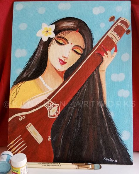 Acrylic painting on canvas of maa Saraswati Saraswati Watercolor Painting, Saraswati Acrylic Painting, Saraswati Canvas Painting, Maa Saraswati Painting, Saraswati Maa Drawing, Maa Saraswati Drawing, Asthetic Paintings Canvases, Saraswati Drawing, Chokher Bali