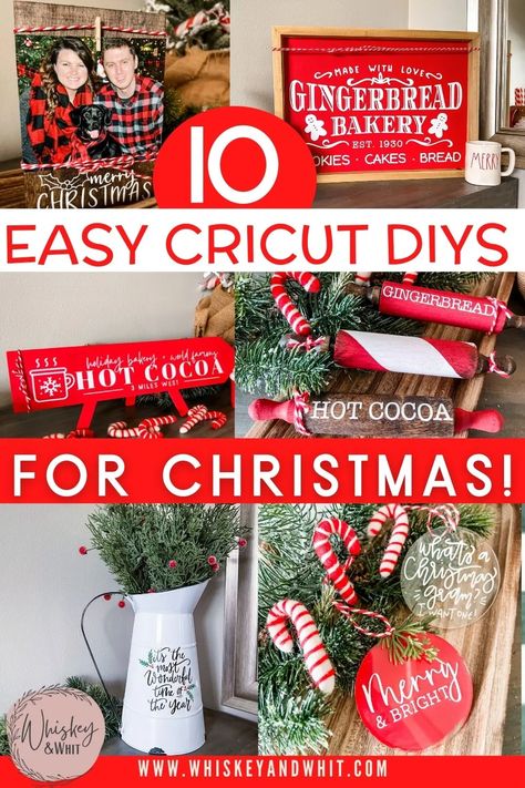 10 NEW & EASY Christmas DIYs 2021: The best beginner Cricut Explore vinyl decal projects anyone can do! - Whiskey & Whit Easy Christmas Cricut Projects, Christmas Decorations With Cricut, Easy Cricut Projects For Beginners Christmas, Christmas Crafts For Adults Cricut, Cricut Vinyl Ornaments, Cricut Crafts For Christmas, Homemade Christmas Gifts With Cricut, Diy Cricut Christmas Projects, Christmas Vinyl Projects Wood Signs