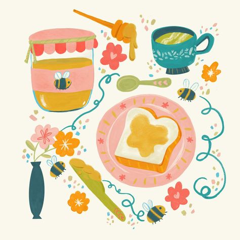 Illustration created for Peachtober 2021 , find me on all socials @ronnirunyonillo #illustration #foodillustration #breakfast #surfacedesign #honey #toast #tea #honeybees #cuteillustration #gouache #mixedmediaart #illustrator #drawingchallenge Tea And Toast Tattoo, High Tea Illustration, Cute Food Illustration, Illustration Breakfast, Plate Illustration, Recipe Illustration, Tv Illustration, Honey Drawing, French Toast Illustration