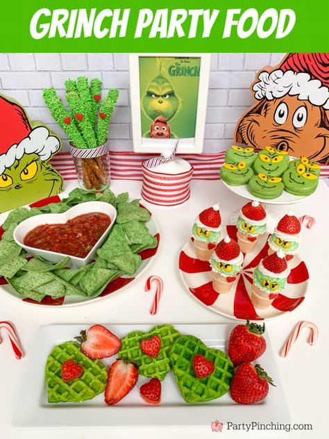 best grinch movie party food recipe ideas, easy best grinch food dessert snack movie party ideas recipes for kids, guacamole chips and salsa grinch, grinch movie, grinch max movie snacks party, grinchguacamole chips & salsa, grinch oreos cookies, grinch strawberry ice cream cones, grinch pretzel rods, grinch green heart waffles Grinch Christmas Snack Ideas, Grinch Appetizers Food Ideas, Grinch Breakfast Ideas For Kids, Grinch Watch Party, Healthy Grinch Food, Grinch Themed Food For Kids, Grinch Sandwich, Grinch Class Party Ideas, Grinch School Party Ideas