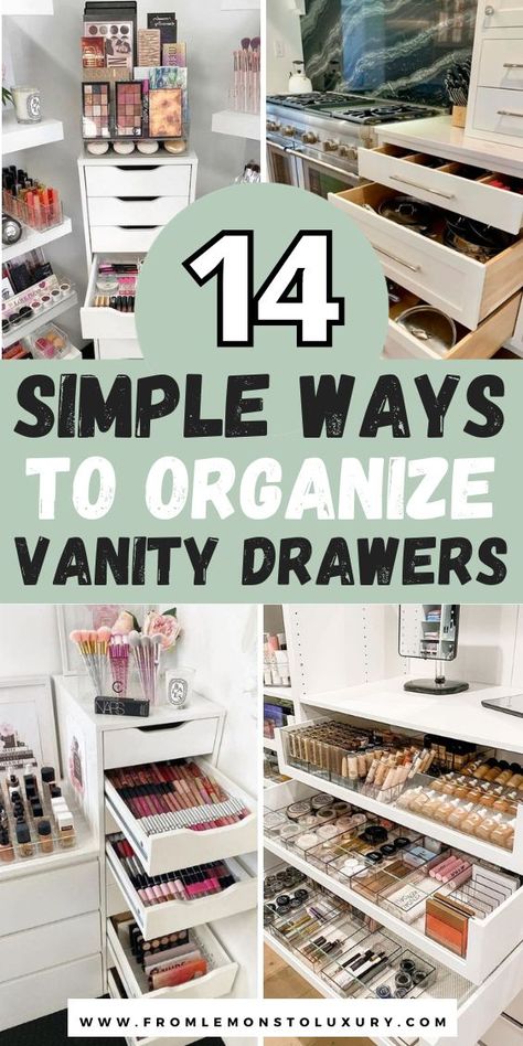 Vanity Draws Organization, Organizing Makeup Drawer, How To Organize Makeup Vanity, How To Organize Vanity Drawers, Make Up Organization Ideas Drawers, Vanity Must Haves, Makeup Drawer Organization Vanity Ideas, How To Organize Your Vanity, Deep Vanity Drawer Organization