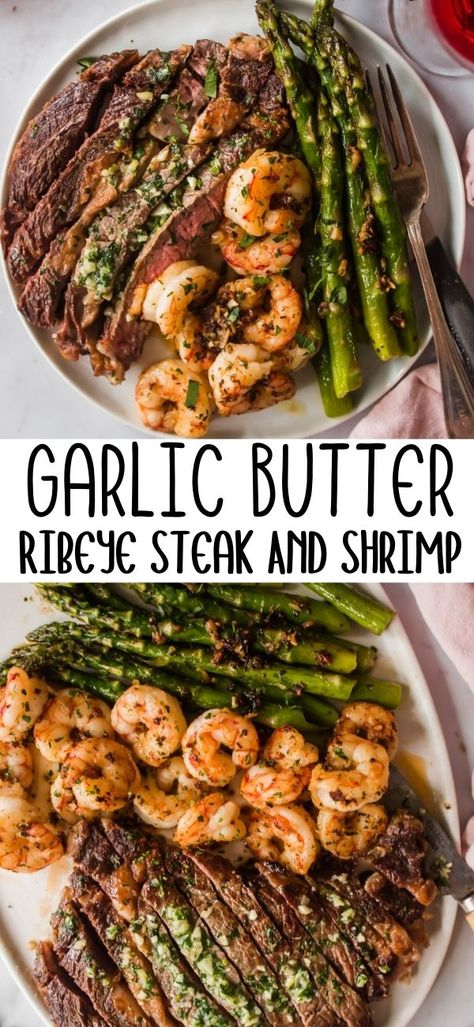 Healthy Steak And Shrimp Recipes, Dinner Ideas For Two Steak, Shrimp With Steak Recipes, Essen, Good Steak Recipes Dinners, Yummy Steak Dinner Recipes, Best Steak Dinner Recipes, Garlic Butter Steak And Shrimp, Steak For Dinner Ideas