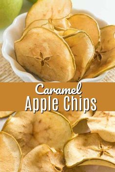 Caramel Apple Chips Athin coat of caramel baked right into the apple and were left with a crispy apple chip that has a baked in hint of caramel. #applerecipe #appledessert #afterschoolsnack Caramel Apple Chips, Baked Apple Chips In Oven, Apple Recipes Snacks, Airfryer Apple Chips, Dehydrated Apples In Oven, Apple Chips In Oven, Caramel Baking Chips, Dehydrate Recipes, Baked Apple Chips Recipe