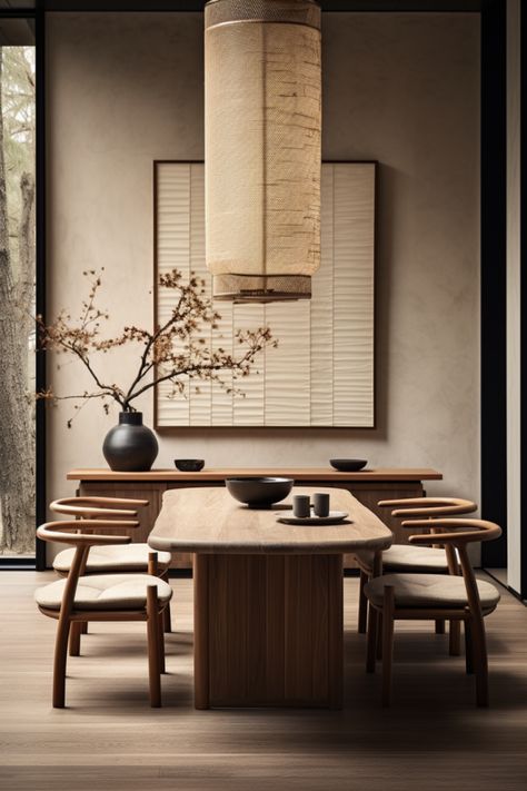 Japandi dining room with wood table, chairs and wall art. Minimal colors and a large potted plant complete the look Japandi Dining Room Design, Asian Dining Room, Japandi Dining Room, Japandi Kitchen Design, Japandi Dining, Japandi Furniture, Japandi Living Room, Japandi Interior Design, Interior Design Dining