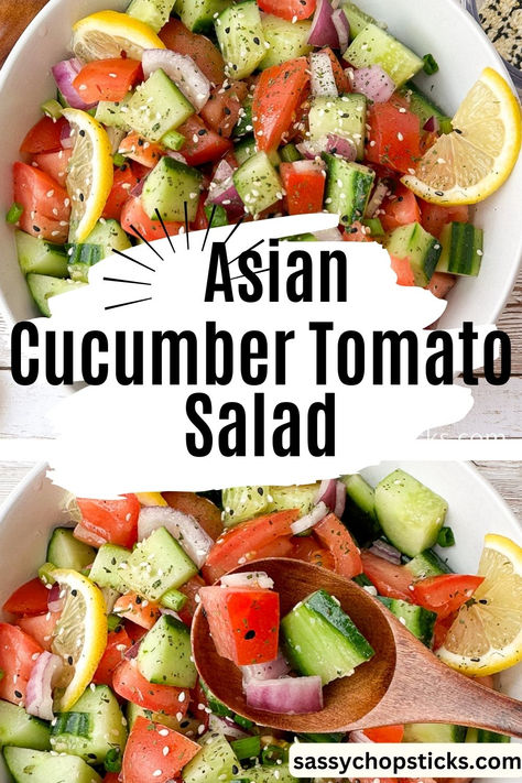 Asian cucumber tomato salad Thai Cucumber Tomato Salad, Thai Tomato Salad, Asian Cucumber Tomato Salad, Japanese Cucumber Salad Vinegar, Asian Tomato Salad, Asian Tomato Recipes, Cucumber Tomato Salad Dressing, Tomato Salad Dressing, Asian Salad Recipe