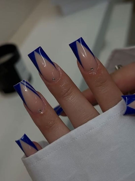 royal blue nails: chevron tips Dark Blue Nails With Design Winter, Gel Nail Ideas Blue, Dark Blue Winter Nail Designs, Autumn Winter Nails 2023, Blue Winter Nails Square, Mat Blue Nails, Grad Nails Blue, Nail Ideas Winter 2023, January Nails Coffin