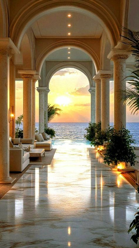 Expensive Travel Aesthetic, Italy Mansion Aesthetic, Mediterranean Homes By The Sea, Greek Aesthetic Design, Mansion By The Beach, Mediterranean Mansion Interior Luxury, Italian Mansion Aesthetic, Aesthetic Mansion Interior, Greek Style Mansion