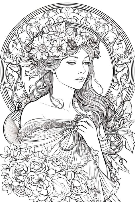 Romantic Coloring Pages For Adults, Aphrodite Coloring Page, Artistic Coloring Pages, Art Nouveau Coloring Pages, Art Deco Coloring Pages, Goddess Drawing, Woman Coloring Pages, Pop Manga, Illustration Art Nouveau