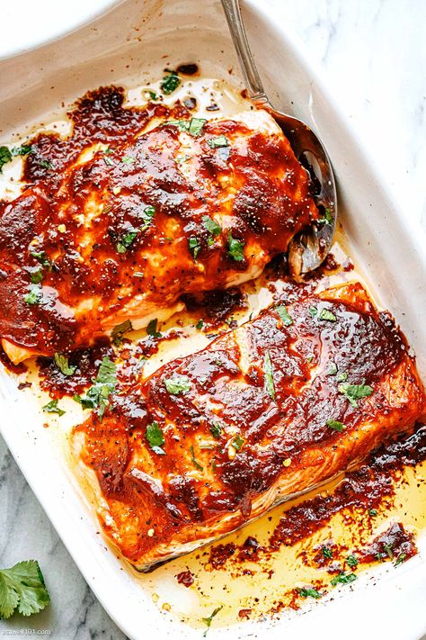 Oven Baked BBQ Salmon - #salmon #recipe #bbq #eatwell101 - Baked BBQ Salmon is so quick and easy. With only two key ingredients and minimal cleanup, this baked salmon recipe makes a stress-free dish for any lunch or weeknight dinner. - #recipe by #eatwell101® Pan Seared Teriyaki Salmon, Korean Bbq Salmon, Bbq Salmon Recipes In Foil, Bbq Sauce Salmon, Salmon Recipes Bbq, Barbeque Salmon, Baked Bbq Salmon, Baked Salmon Recipes Oven Easy, Best Salmon Recipe Baked