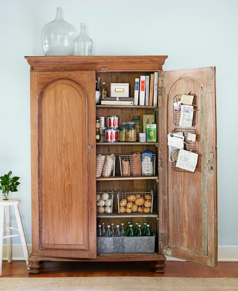 Turn an Armoire into a Pantry: No need for built-ins. Stand-alone storage, like this armoire-turned-cupboard, is one of the latest kitchen trends. Stand Alone Kitchen Pantry, Armoire Pantry, Latest Kitchen Trends, Beautiful Pantry, Vintage Armoire, Pantry Shelving, Kitchen Organization Pantry, Bedroom Armoire, Kitchen Pantry Design