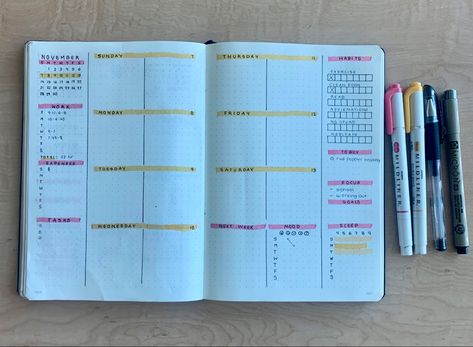 Bujo Weekly Spread Layout, Weekly Bujo Spread, Vision Journal Ideas, Notes Plan, Bujo Weekly Spread, Bullet Journal Ideas Templates, Planner Writing, Creating A Bullet Journal, Bullet Journal Weekly Spread