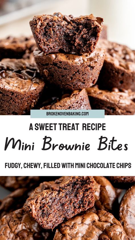 This mini brownie bite recipe is fudgy, filled with mini chocolate chips, and gone in two bites (but that just means you can eat more, right??) With the melted chocolate, cocoa powder, and mini chocolate chips, they have the perfect chocolatiness! For more great chocolate filled dessert ideas and sweet treat baking recipes be sure to stop by Broken Oven Baking Company. #brownietreats #chocolatedessert Recipes With Mini Chocolate Chips, Mini Brownie Recipes, Brownie Mini Muffin Pan, Easy Baking Recipes Chocolate, No Bake Brownie Bites Recipe, Mini Brownie Pan Recipes, Mini Brownie Desserts, Brownies In Mini Cupcake Pan, Mini Cupcake Brownie Bites