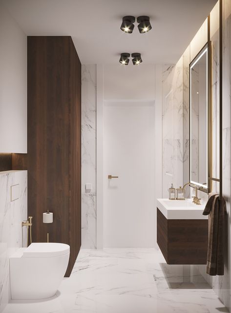 Minimalist barthroom design, with marble and wood textures. Marble With Wood Bathroom, Marble And Dark Wood Bathroom, White Brown Bathroom Ideas, White Marble Wood Bathroom, White Marble And Wood Bathroom, White And Dark Wood Bathroom, Bathroom Marble And Wood, Marble Wood Bathroom, Wood And Marble Bathroom