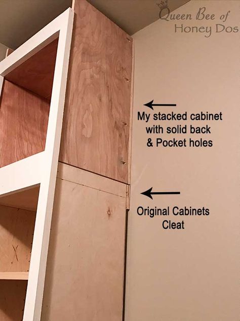 How to Build Cabinet Boxes • Queen Bee of Honey Dos Build Cabinets, Workshop Cabinets, Building Kitchen Cabinets, Upper Kitchen Cabinets, Built In Pantry, Building A Kitchen, Kitchen Base Cabinets, Pantry Remodel, Cabinet Plans