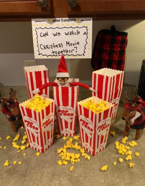 Elf’s First Night Ideas, Elf On The Shelf Ideas Movie Night, Elfs Return Ideas, Elf On Shelf Movie Night, Elf Christmas Eve Ideas, Elf On The Shelf Movie Night, Elf Birthday Ideas, Elf Last Day, Elf Entrance Ideas