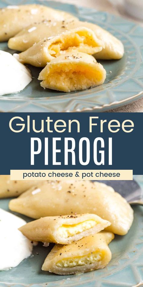 Cheesy and tender gluten free Pierogi make a wonderful side dish or meatless main meal! Choose from a savory potato and cheese filling or try a smooth and creamy pot cheese (aka farmers cheese) filling - both traditional options for this classic Polish dish based on an old family recipe. Gluten Free Pierogi Dough Recipe, Gf Perogies Gluten Free, Gluten Free Perogy Dough, Gluten Free Pierogi Dough, Gluten Free Polish Recipes, Pierogi Filling Ideas, Pierogi Filling Recipes, Gluten Free Dumplings Recipe, Gf Perogies