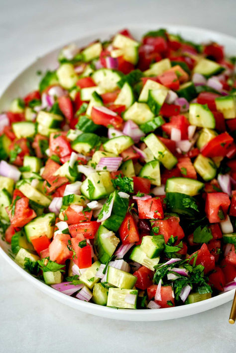 Cava Tomato And Cucumber Salad, Cava Cucumber Tomato Salad, Grape Tomato Salad, Mediterranean Cucumber, Mediterranean Cucumber Salad, Salad At Home, Shirazi Salad, Tomato Cucumber Salad, Tomato And Onion Salad