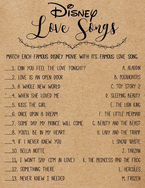 Disney Love Songs, Disney Amor, Bridal Shower Games Printable, Disney Bridal Showers, Song Suggestions, Boho Bridal Shower, Games Printable, Bachelorette Party Games, Quotes Disney