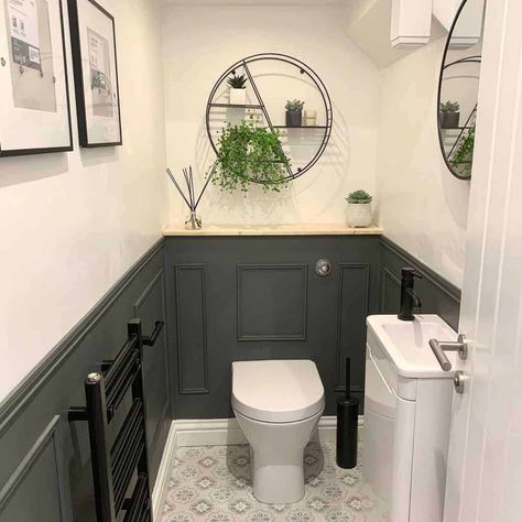 Small Wood Panel Bathroom, Small Bathroom Panelling, Bathroom With Paneling, Downstairs Toilet Panelling, Toilet Panelling, Bathroom Panelling Ideas, Bathroom Wall Paneling Ideas, Downstairs Toilet Ideas, Bathroom Panelling