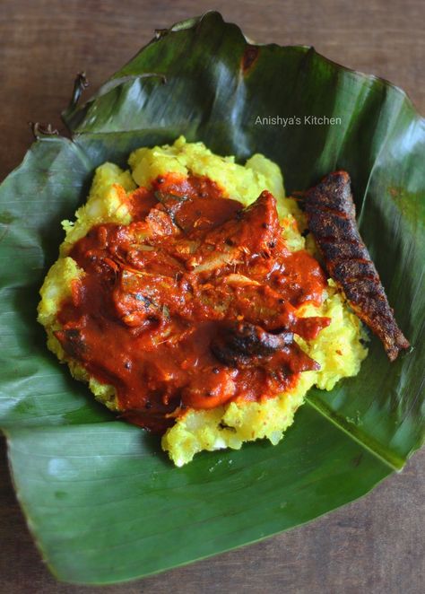 Kerala Style Kappa Meen Curry - Kerala Style Cassava with Sardine Fish Curry - Mathi Curry - Chaala Curry Kerala Food Photography, Kerala Restaurant, Kerala Special, Spinach Side, Bangalore Days, Kerala Cuisine, Spinach Side Dish, Sardine Fish, Chicken Starter Recipes