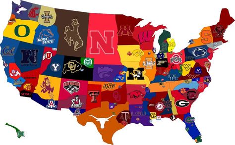 US Map - College Football Version! College Football Map, Florida Seminoles, Hokies Football, Wisconsin Badgers Football, Auburn Tigers Football, Badger Football, Usc Trojans Football, Iowa Hawkeye Football, Ncaa Football Teams