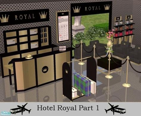 http://www.thesimsresource.com/artists/marilu/downloads/details/category/sims2-sets-rooms/title/hotel-royal-part-1/id/530912/ Sims 4 Cc Hotel Furniture, Sims 4 Cc Hotel Stuff, Hotel Cc Sims 4, Sims 4 Hotel Cc, Sims 4 Hotel, Front Desk Hotel, Lotes The Sims 4, Clothes Stores, Hotel Royal