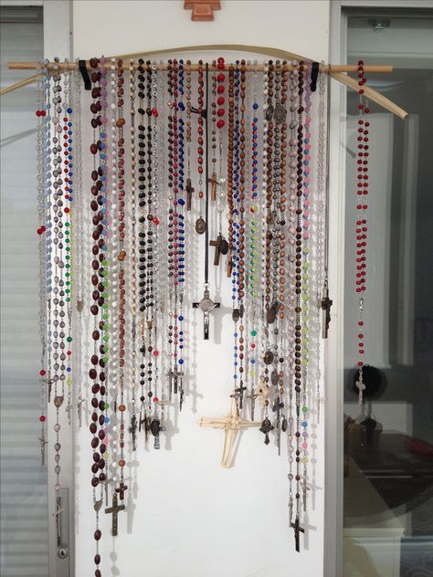 Rosary Collection Display, How To Display Rosaries, Rosary Display Ideas, Rosary Decor, Rosary Display, Rosary Hanger, Rosary Collection, Rosary Holder, Altar Catholic