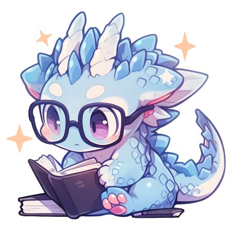 Cute Kawaii Dragon Reading The Librarians Horde Sticker Dragon Reading, Baby Dragon Art, Kawaii Dragon, Mythical Creature Art, Chibi Dragon, The Librarians, Cute Dragon Drawing, Adorable Illustration, Cartoon Dragon