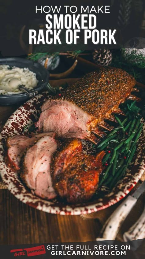 Pork Rack Roast Recipes, Smoked Pork Roast, Bone In Pork Loin, Loin Roast Recipes, Pork Rib Roast, Rack Of Pork, Smoked Pork Loin, Pork Loin Roast Recipes, Smoked Pork Ribs