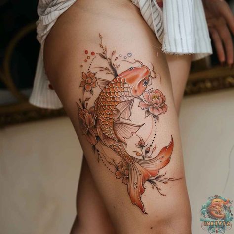 From Myth to Modern Art: Exploring the Symbolism of Koi Fish Tattoos: 150 Designs - inktat2.com Coi Fish Behind Ear Tattoo, Couples Koi Fish Tattoos, Koi Fish Tattoo Design For Women, Koy Fish Tattoo Ideas, Koi Fish Tattoo Traditional, Kk Tattoo, Koi Fish Photo, Unique Spine Tattoos, Japanese Koi Tattoo