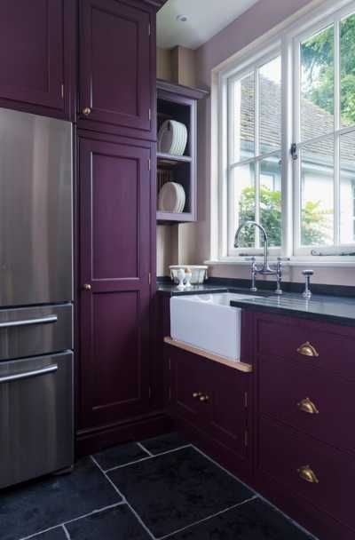 17 Purple Kitchen Cabinet Ideas | Sebring Design Build Jewel Box Kitchen, Purple Kitchen Cabinets, Scullery Kitchen, Kitchen Cabinet Color Schemes, Purple Cabinets, Kitchen Ideas Interior Design, Mint Kitchen, House Renos, Kitchen Suite