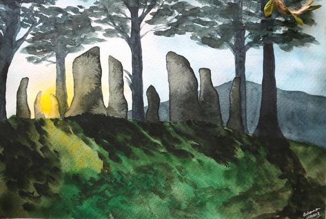 Outlander print in watercolors. Craigh Na Dun. Landscape in | Etsy Outlander Painting, Scotland Watercolor, Outlander Art, Outlander Fan Art, Journal Therapy, Art Challenges, Art Journal Therapy, Outlander Fan, Etsy Art Prints