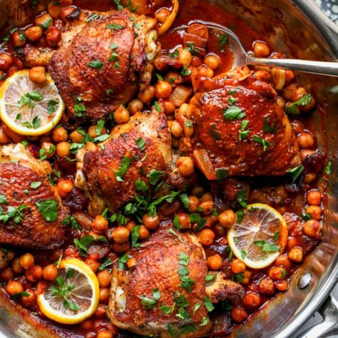 One Pan Moroccan Chicken and Chickpeas - Dishing Out Health Roasted Pistachios Recipe, Chicken Chickpeas, Moroccan Chicken Recipe, Dishing Out Health, Roasted Pistachios, Garlic Yogurt, One Pan Pasta, Cucumber Avocado Salad, Moroccan Chicken