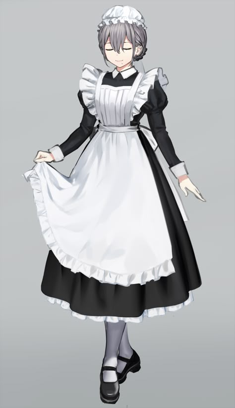 Traditional Maid Uniform, Long Maid Outfit, Maid Outfit Reference Drawing, Maid Anime Character Design, Maid Drawing Reference, Maid Outfits Anime, Maid Concept Art, Maid Poses Reference, Maid Dress Drawing