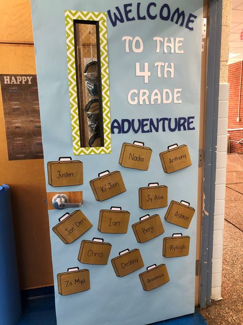 Travel Around The World Classroom Theme, Theme For Classroom Ideas, Travel School Bulletin Board, Now Boarding Classroom Door, 4th Grade Door Ideas Back To School, Travel Themed Classroom Door, Classroom Door Travel Theme, Travel Theme Door Decorations, 4th Grade Classroom Door Ideas