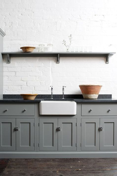 Why Choose Soapstone Countertops? | Hunker Modern Farmhouse Kitchen Cabinets, Black Kitchen Countertops, Devol Kitchens, Loft Kitchen, Gray Cabinets, Farmhouse Kitchen Cabinets, Kitchen Cabinets Decor, Casa Vintage, Classic Kitchen