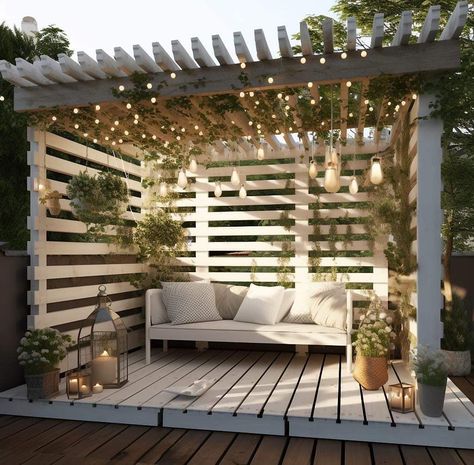 Garden Pergola with Planters on Deck - Pallet Wood Projects | Facebook Gazebo Ideas Small Backyard, Pallet Pergola Diy, Cheap Gazebo Ideas, Pallet Porch Deck, Gazebo Ideas Backyard Cheap, Pallet Decking Ideas, Planters On Deck, Diy Gazebo Ideas Cheap, Pallet Gazebo