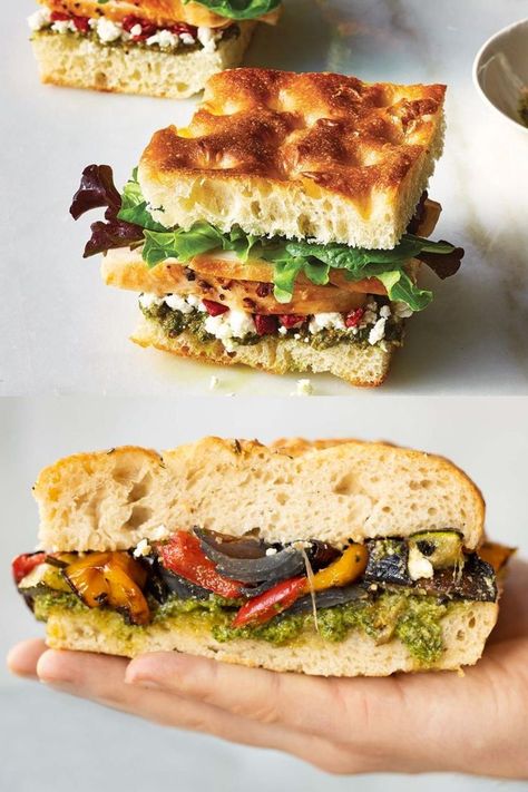 2 images of focaccia sandwiches. Focaccia Bread Sandwich, Focaccia Sandwich, Vegetarian Sandwich Recipes, Foccacia Bread, Outside Light, Focaccia Bread Recipe, Sandwich Bread Recipes, Focaccia Recipe, Focaccia Bread