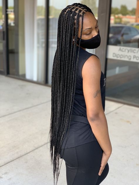 Knotless braids! done by handz4strandz. #handz4strandz #knotlessbraids #braids #atlanta #conyersga #protectivestyles #knotless 58 Inch Knotless Braids, Small Vs Medium Knotless Braids, Scanty Knotless Braids, Knotelles Braids, Knotless Braids Straight Ends, Bum Length Knotless Braids, Jet Black Knotless Braids, Bob Haircut Grey Hair, Notlessbox Braids Styles Long