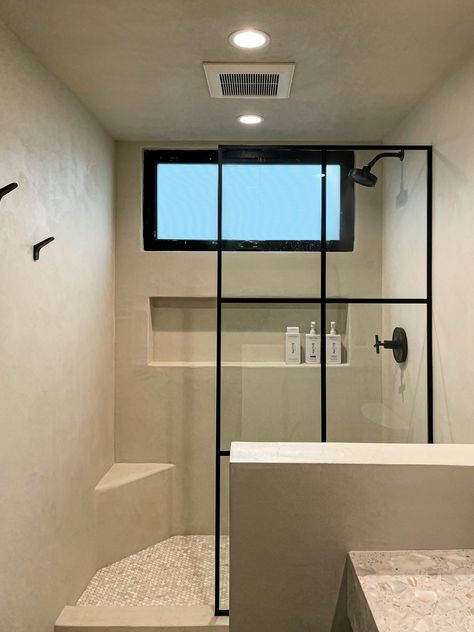 A fully waterproof shower using a tadelakt plaster product Tadelakt Bathroom, Tadelakt Plaster, Waterproof Plaster, Contemporary Mountain Home, Lake Bathroom, Master Shower, Venetian Plaster, Interior Design Mood Board, Wall Finishes