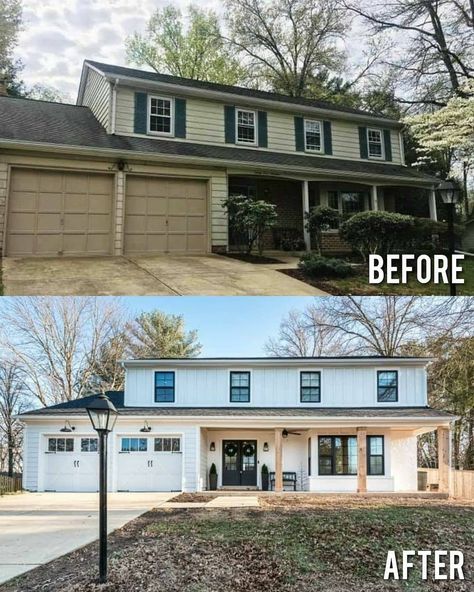 10.9k Likes, 94 Comments - Before&After Design (@beforeafter.design) on Instagram: “SWIPE ➡️ By: @timryankane Please comment and tag somebody who would like to see this…” Colonial Exterior Remodel, Before After Design, Colonial Remodel, 1980s House, Colonial House Exteriors, Exterior House Renovation, Architecture Renovation, House Makeovers, House Before And After