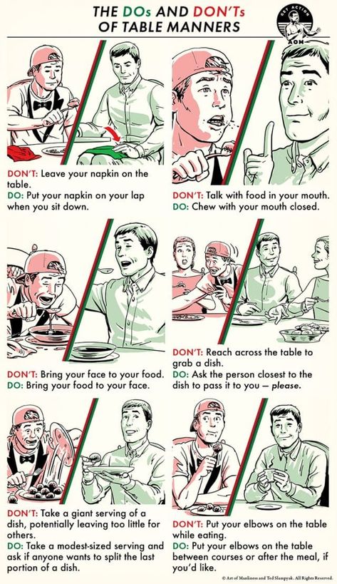 The Dos and Don'ts of Table Manners | The Art of Manliness Good Table Manners, Manners For Kids, Table Etiquette, Dining Etiquette, Etiquette And Manners, Table Manners, Sleep Eye, Art Of Manliness, Dos And Don'ts