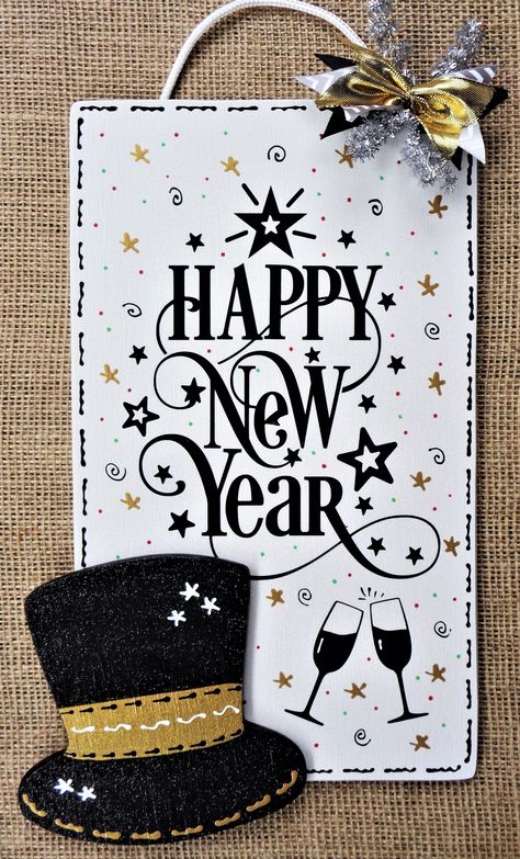 Happy New Year Sign, New Year Sign, Happy New Year Signs, Hanger Christmas, Wooden Wreath, Art Door, Snowman Sign, Burlap Door, Christmas Holiday Decor