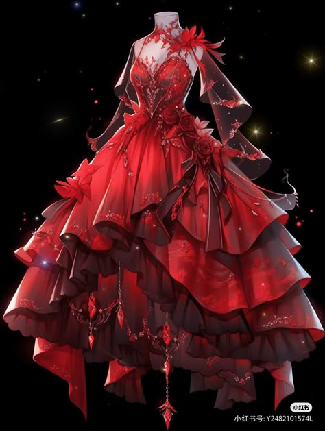 Red Dresses Drawing, Anime Party Dress, Dark Beauty Fashion, Vestidos Anime, Digital Dress, Dreamy Gowns, Dress Design Drawing, Fashion Drawing Dresses, Royal Dresses